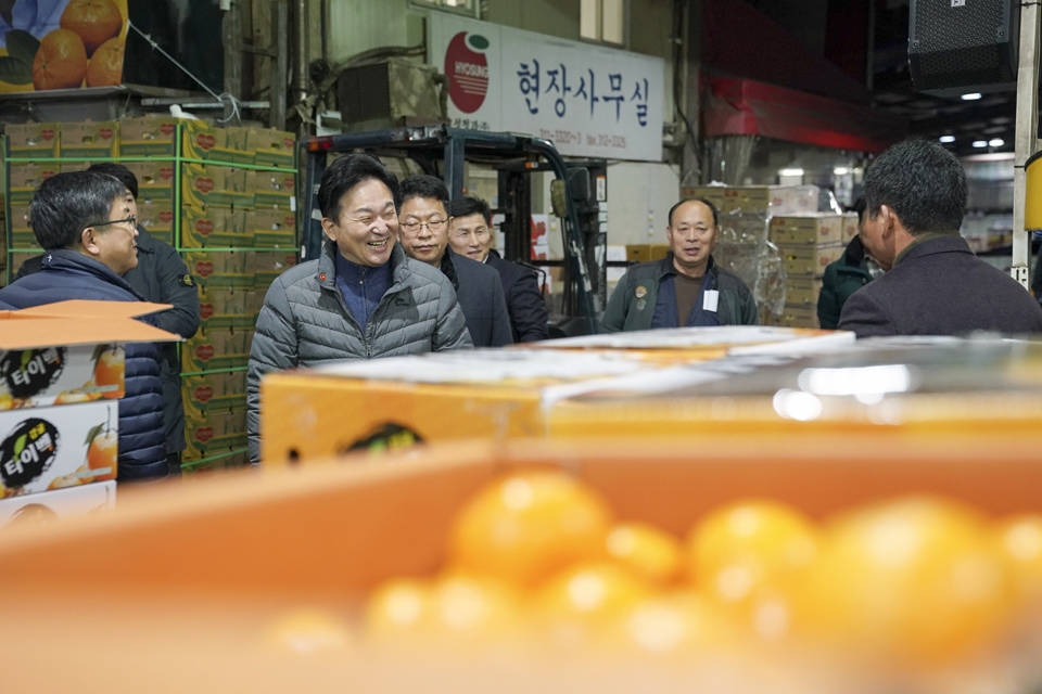 원희룡 제주특별자치도지사는 27일 새벽 대구 도매시장을 방문해 감귤 경매현장을 참관했다.