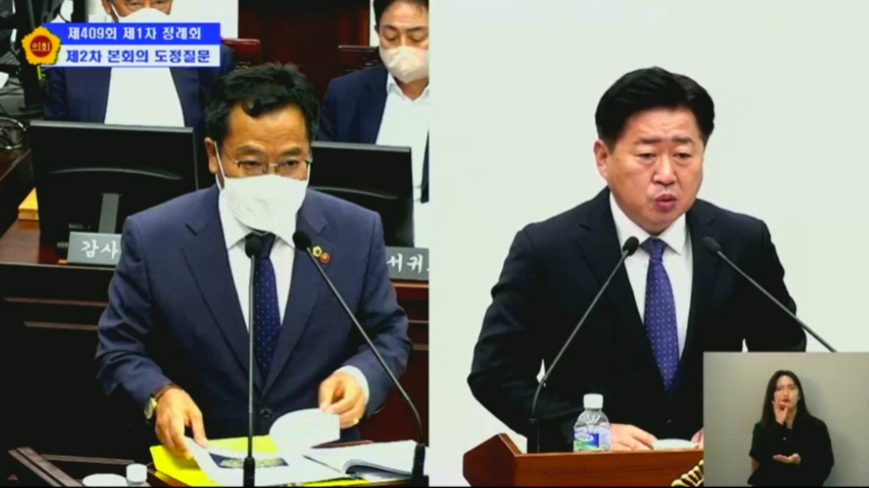 송창권 도의원이 오영훈 제주도지사에게 하수처리장 증설 계획에 대한 입장을 물었다.