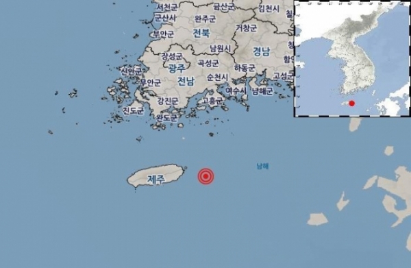 5일 0시28분쯤 제주 서귀포시 동북동쪽 64㎞ 해역에서 규모 2.4의 지진이 발생했다.(기상청 제공)
