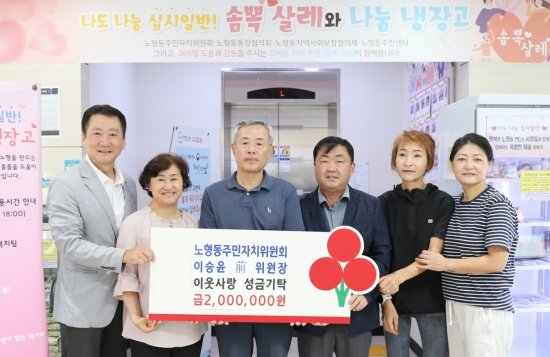 노형동지역사회보장협의체 김병희 위원장(왼쪽 1번째), 제주사회복지공동모금회 박은희 사무처장(왼쪽 2번째), 노형동주민자치위원회 이승윤 前위원장(왼쪽 3번째), 연동 서익천 동장(왼쪽 4번째) 외 관계자들이 기념촬영을 하고 있다.