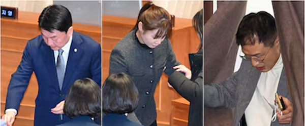 7일 오후 국회 본회의에서 국민의힘 안철수. 김예지, 김상욱 의원이 윤석열 대통령 탄핵소추안에 대해 투표하고 있다.